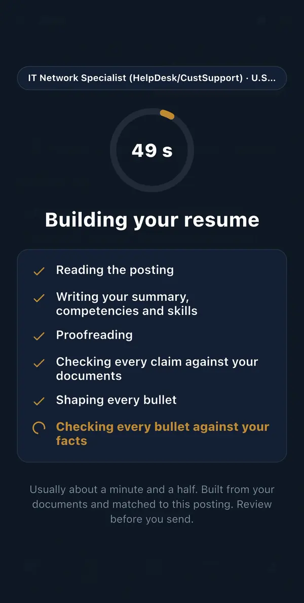 ClearHire building a resume matched to a selected job.