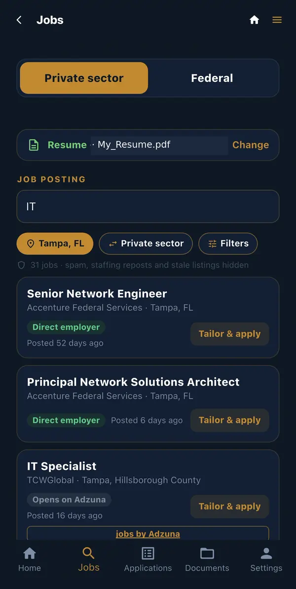 The ClearHire job search, listing roles from employers and USAJOBS.