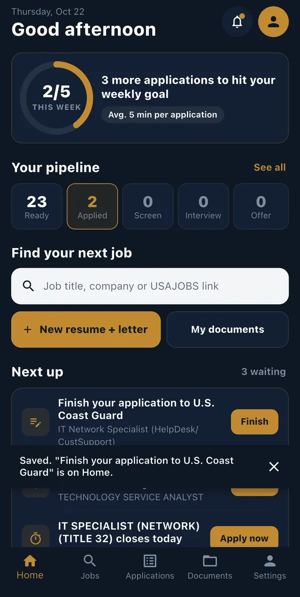 The ClearHire home dashboard tracking submitted applications.
